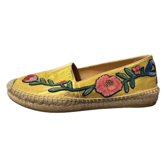 Gucci Shoes - Gucci Women's Leather Espadrille Gold Floral Print Embroidered Size EUR 38 US 8